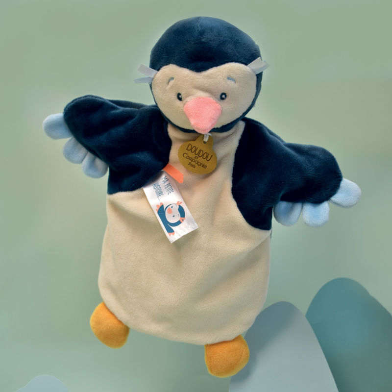  - marionnette pingouin bleu jaune 25 cm 